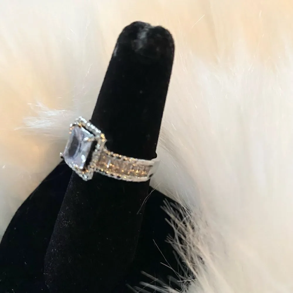 Emerald Cut  & Baguette Diamond Halo Sterling Wedding Engagement Ring